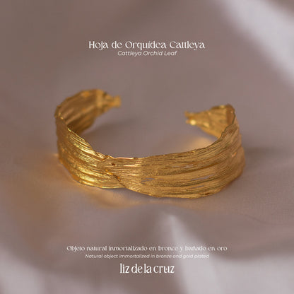 Elegant Cattleya Orchid Leaf Bracelet in 24K gold plating, celebrating the uniqueness of nature and sustainable fashion