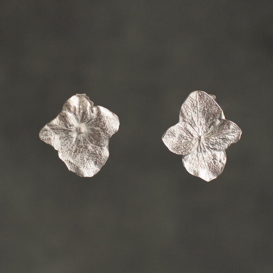Unique Eco-Friendly Silver Hydrangea Stud Earrings, capturing the delicate beauty and intricate story of each hydrangea