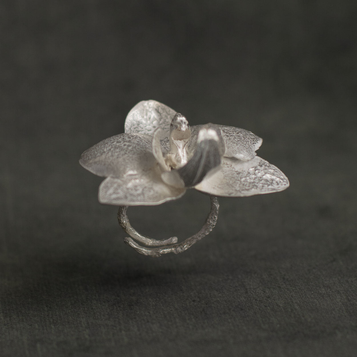 Elegant Phalaenopsis Orchid Ring in sustainable silver, capturing the essence of ecological awareness and design