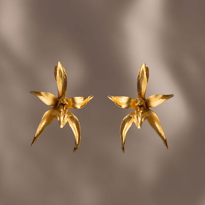 Elegant Epidendrum Orchid Earrings plated in 24K gold, capturing the unique essence and beauty of Colombian flora.