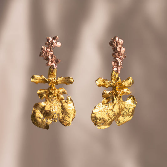 Elderflower & Dancing Lady Orchid Earrings, showcasing the unique blend of rose gold and 24k gold finishes on preserved bronze flowers