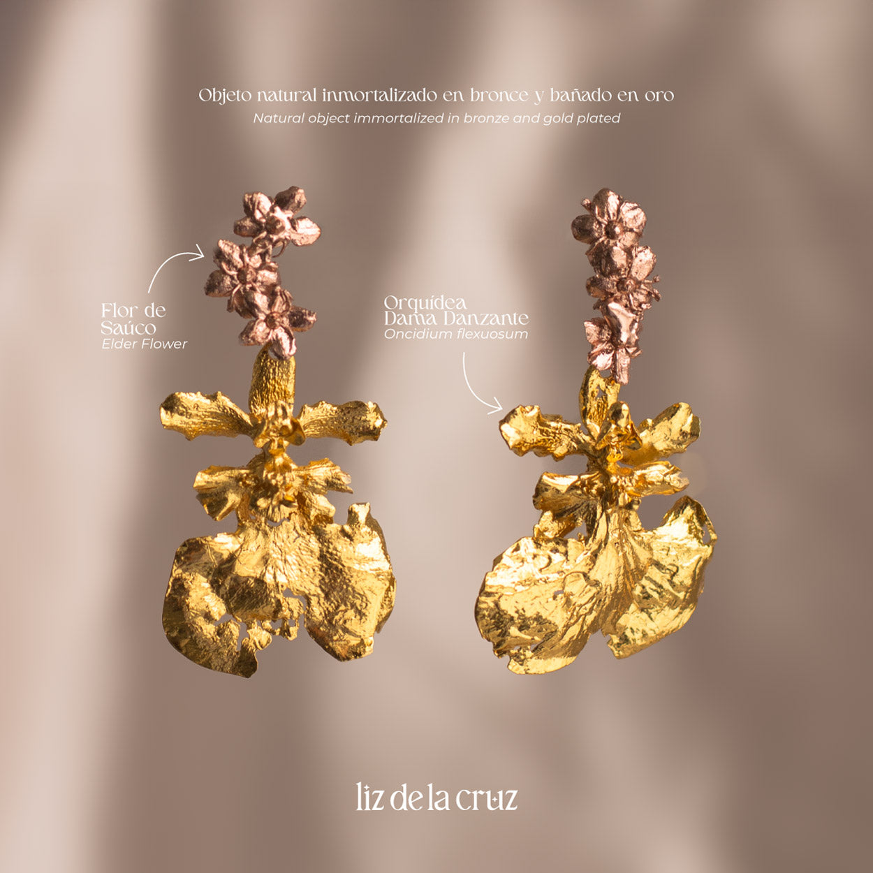 Close-up of Elderflower & Dancing Lady Orchid Earrings, highlighting the delicate details of miniature elderflowers and Dancing Lady Orchids in bronze