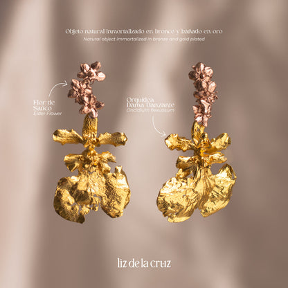 Close-up of Elderflower & Dancing Lady Orchid Earrings, highlighting the delicate details of miniature elderflowers and Dancing Lady Orchids in bronze