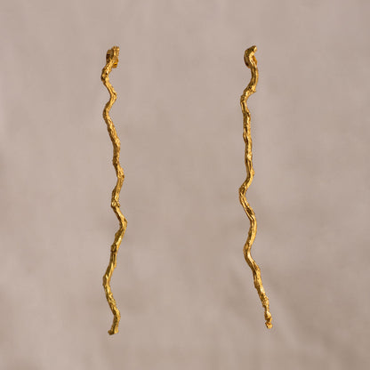 Large Coconut Palm Twig Earrings in 24k gold, showcasing natural elegance.
