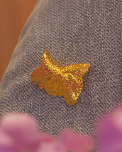 Artisanal Hydrangea Brooch, with hydrangea flowers immortalized in bronze and plated with 24k gold