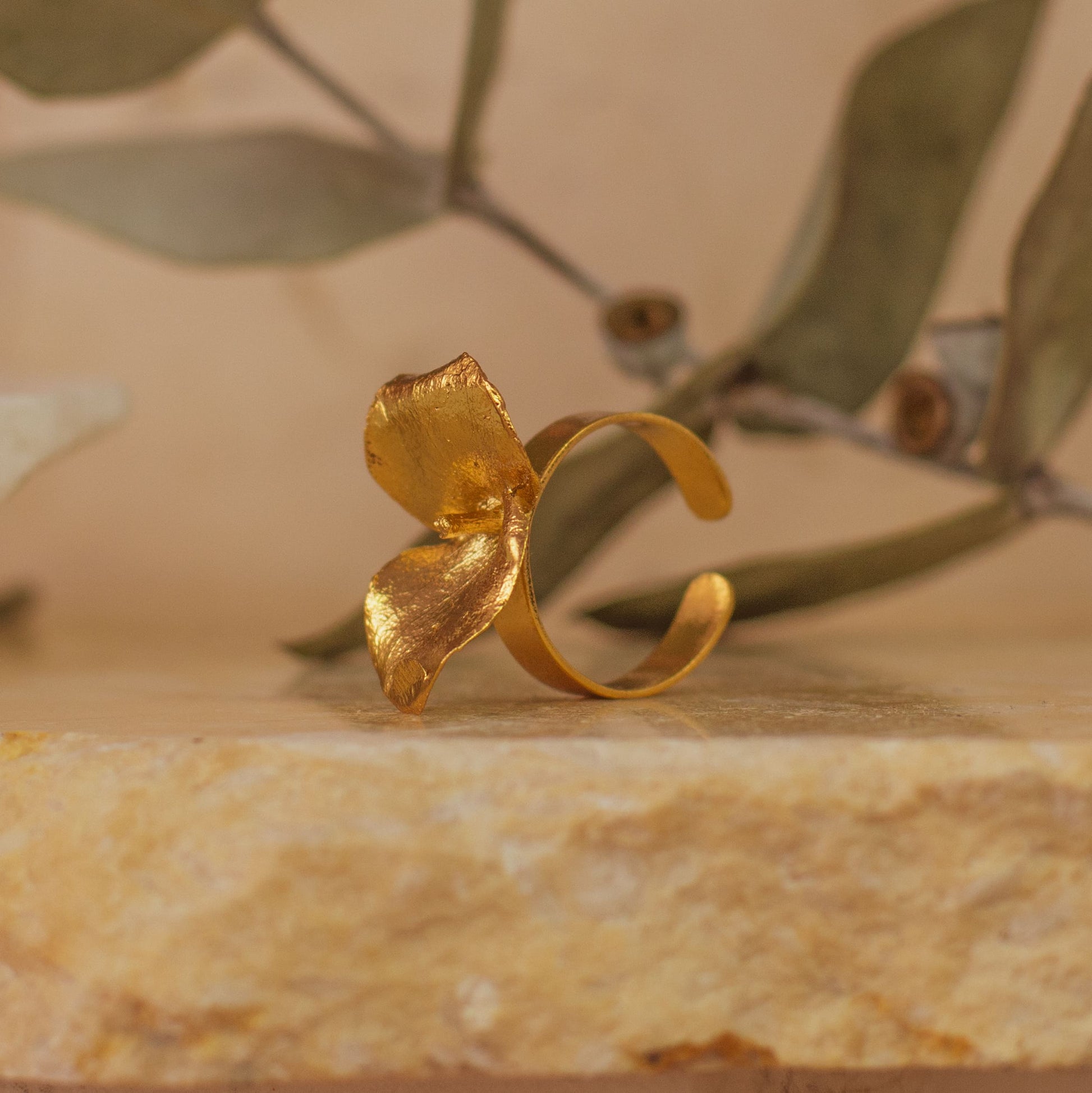 Unique Immortalized Eucalyptus Leaf Ring in 24K gold plating, reflecting the freshness and serenity of nature in a piece of sustainable jewelry