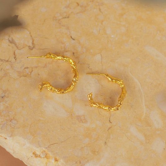 Dainty Palm Twig Hoop Earrings, handcrafted in bronze with 24k gold plating, featuring natural coconut palm twig designs for a sophisticated, nature-inspired look