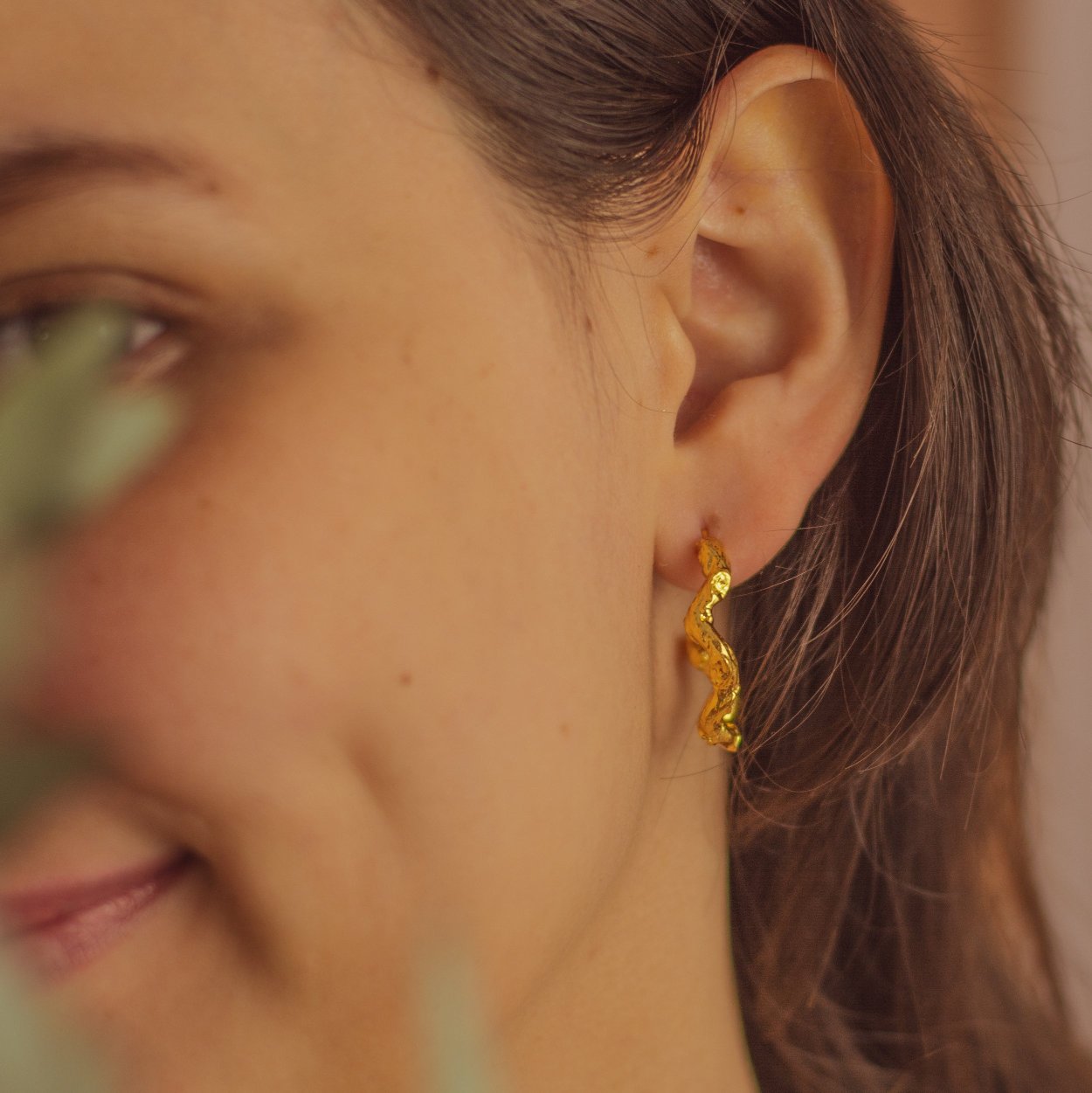 Artisanal Dainty Palm Twig Hoop Earrings, with palm twigs immortalized in bronze and plated with 24k gold