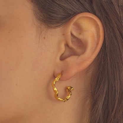 Artisanal Dainty Palm Twig Hoop Earrings, with palm twigs immortalized in bronze and plated with 24k gold