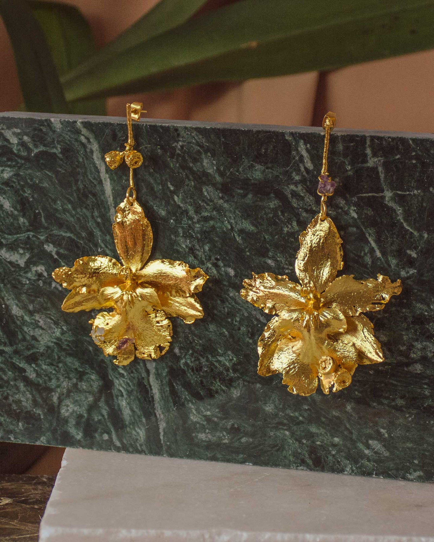 Odontoglossum Orchid Earrings with Quartz Branch in 24k Gold Plating, symbolizing balance, love, and healing