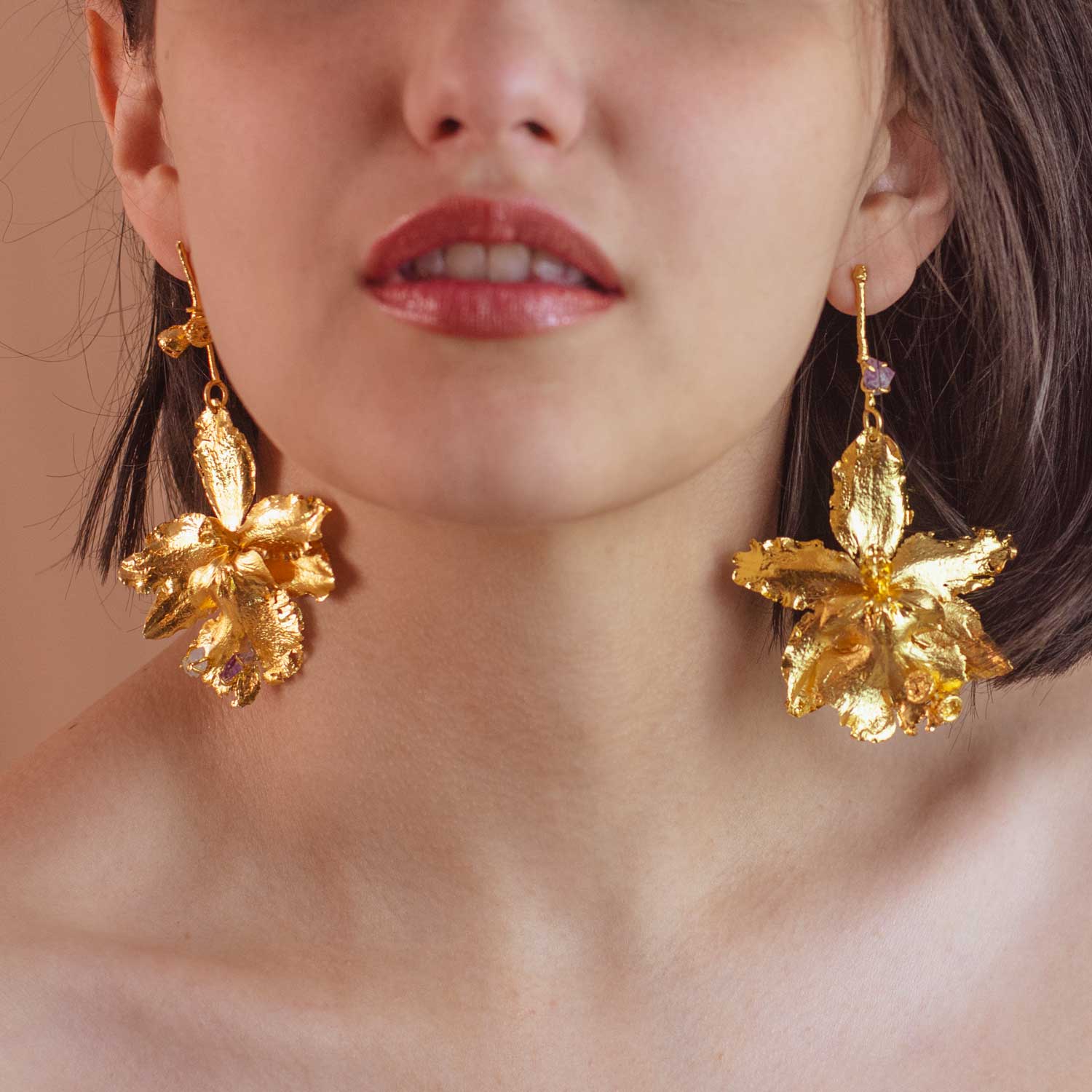 Odontoglossum Orchid Earrings with Quartz Branch in 24k Gold Plating, symbolizing balance, love, and healing