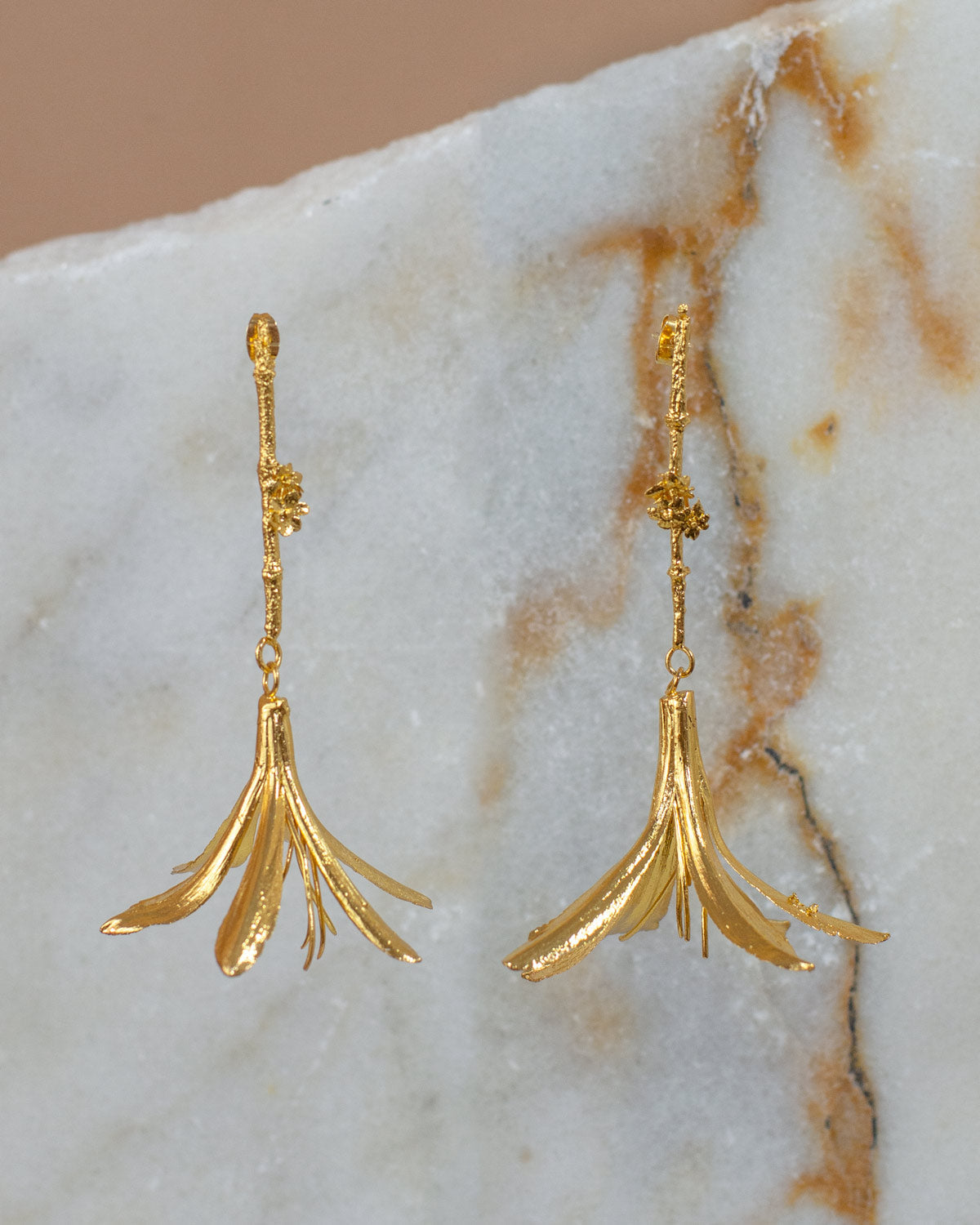 Exquisite Agapanthus Lily & Elderflower Sprig Earrings in 24K gold plating, a unique fusion of wild beauty and timeless elegance