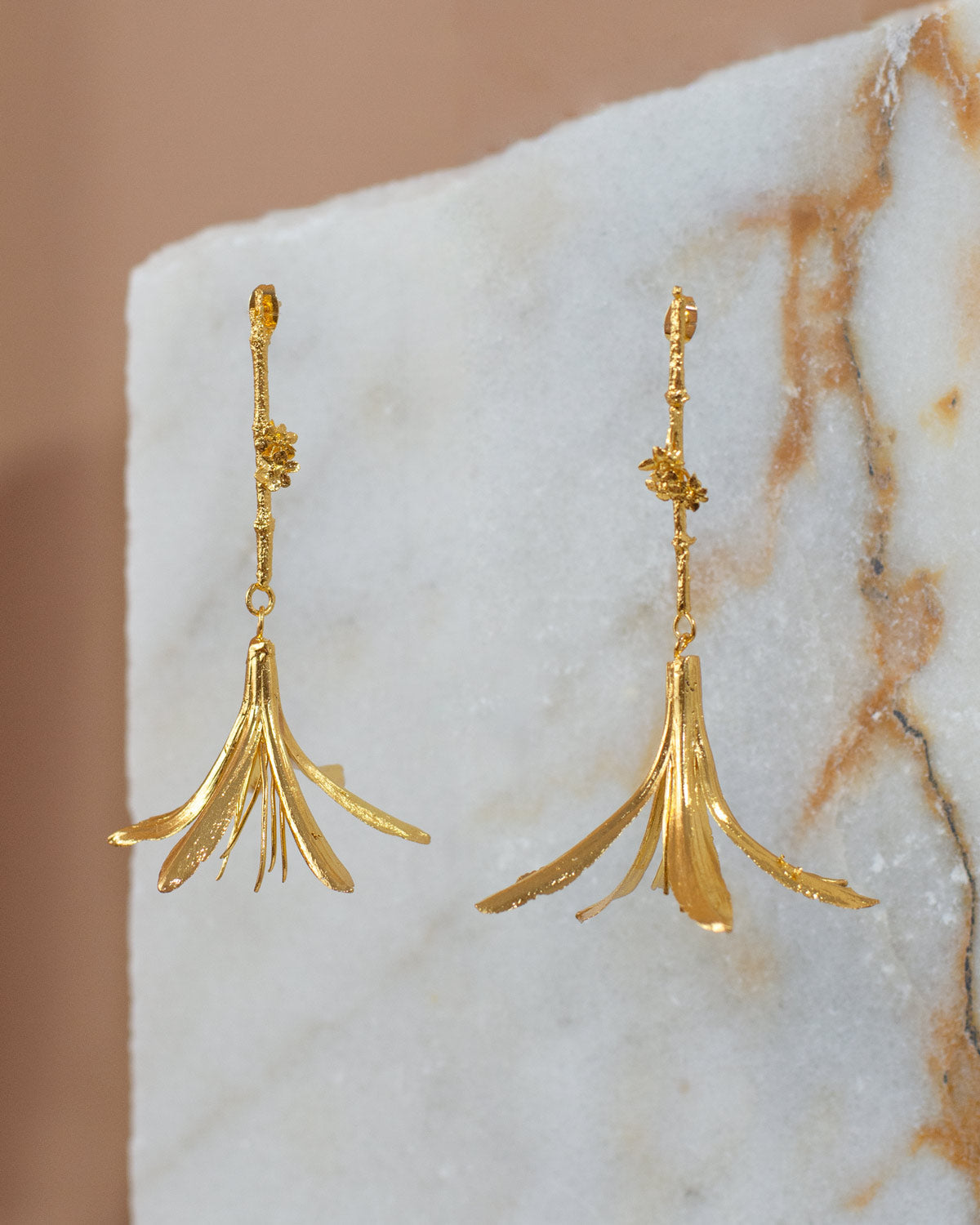 Exquisite Agapanthus Lily & Elderflower Sprig Earrings in 24K gold plating, a unique fusion of wild beauty and timeless elegance