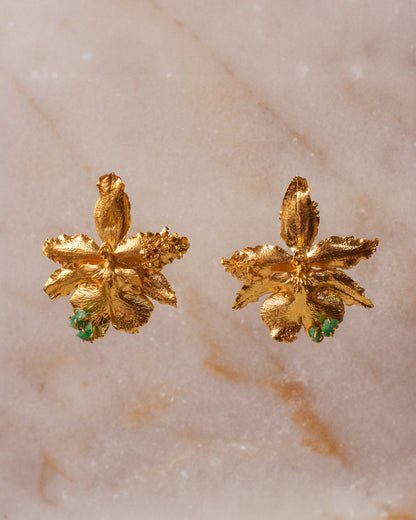 Exquisite Odontoglossum Orchid Emerald Elderberry Earrings in 24k Gold Plating, a reflection of nature's eternal beauty and harmony