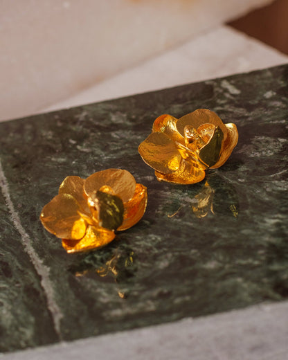 Elegant Phalaenopsis Baby Orchid Stud Earrings in 24K Gold Plating, embodying nature's timeless beauty