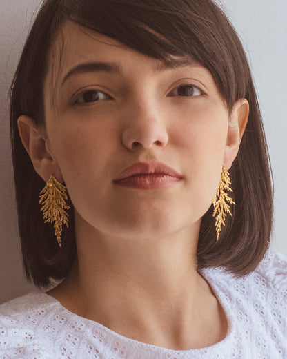 Elegant sustainable jewelry: Large Pine Leaf Earrings with 24k gold plating