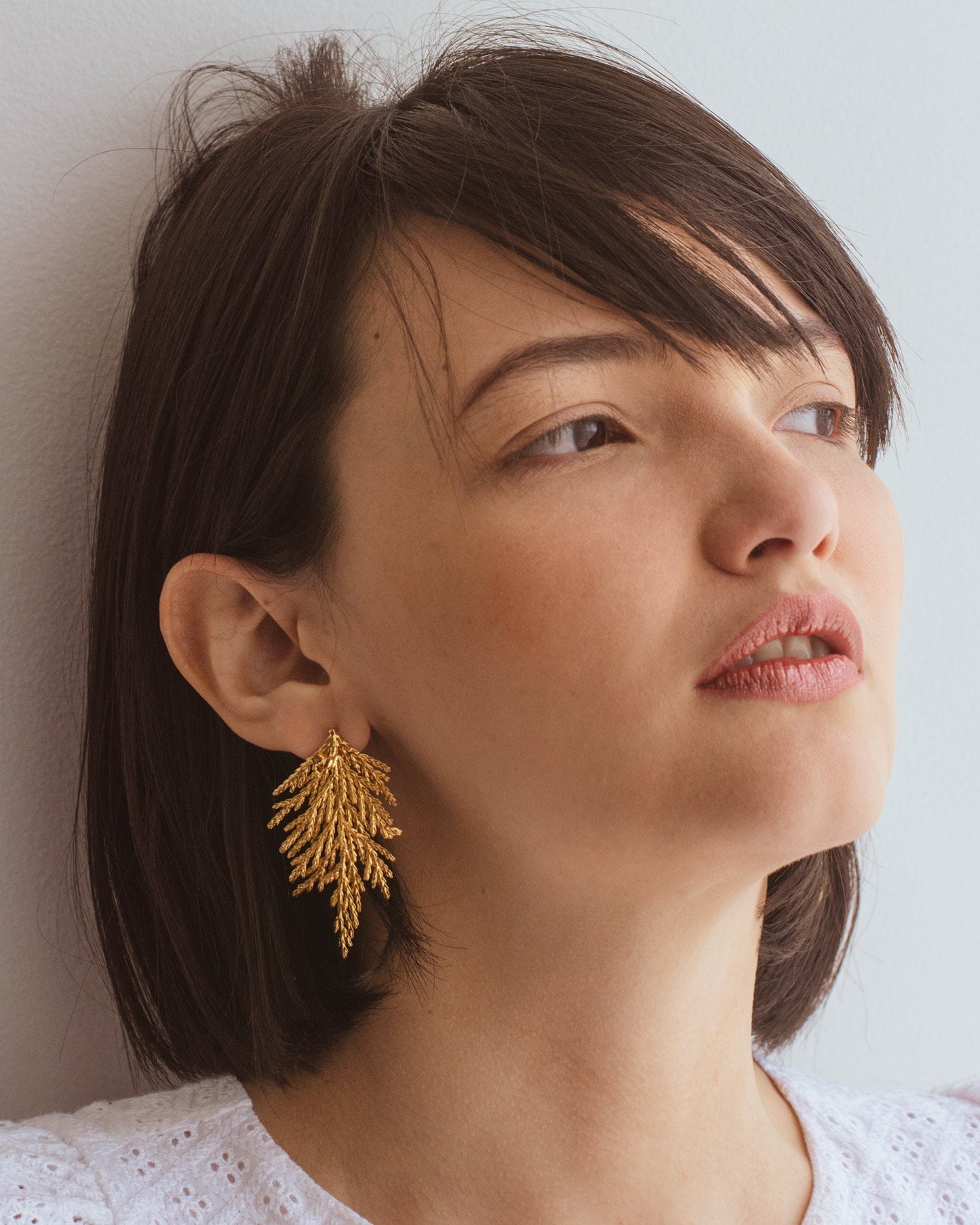 Elegant sustainable jewelry: Large Pine Leaf Earrings with 24k gold plating