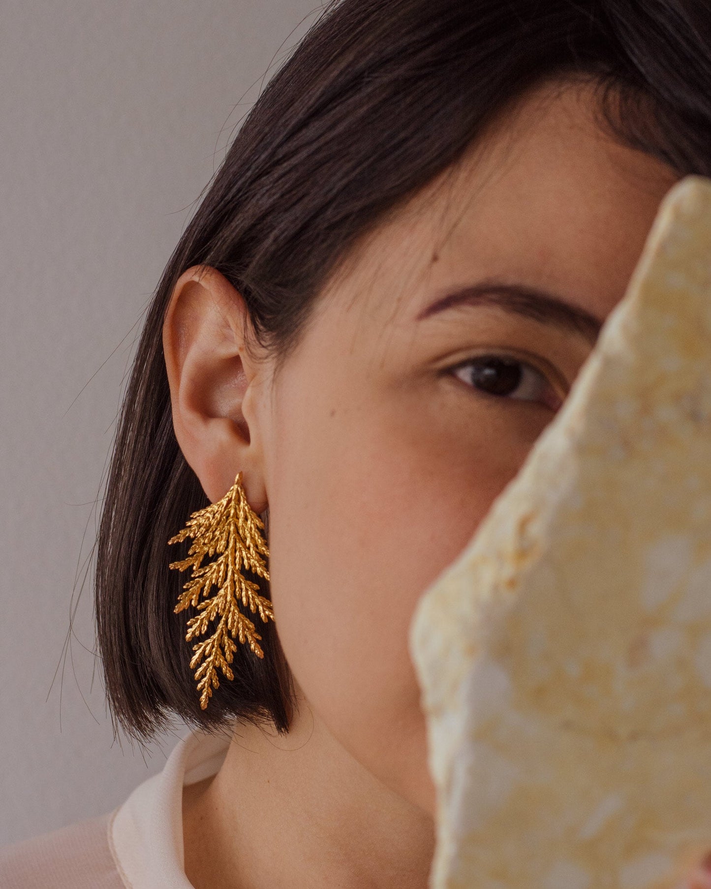 Nature-inspired Large Pine Leaf Earrings in bronze with 24k gold finish