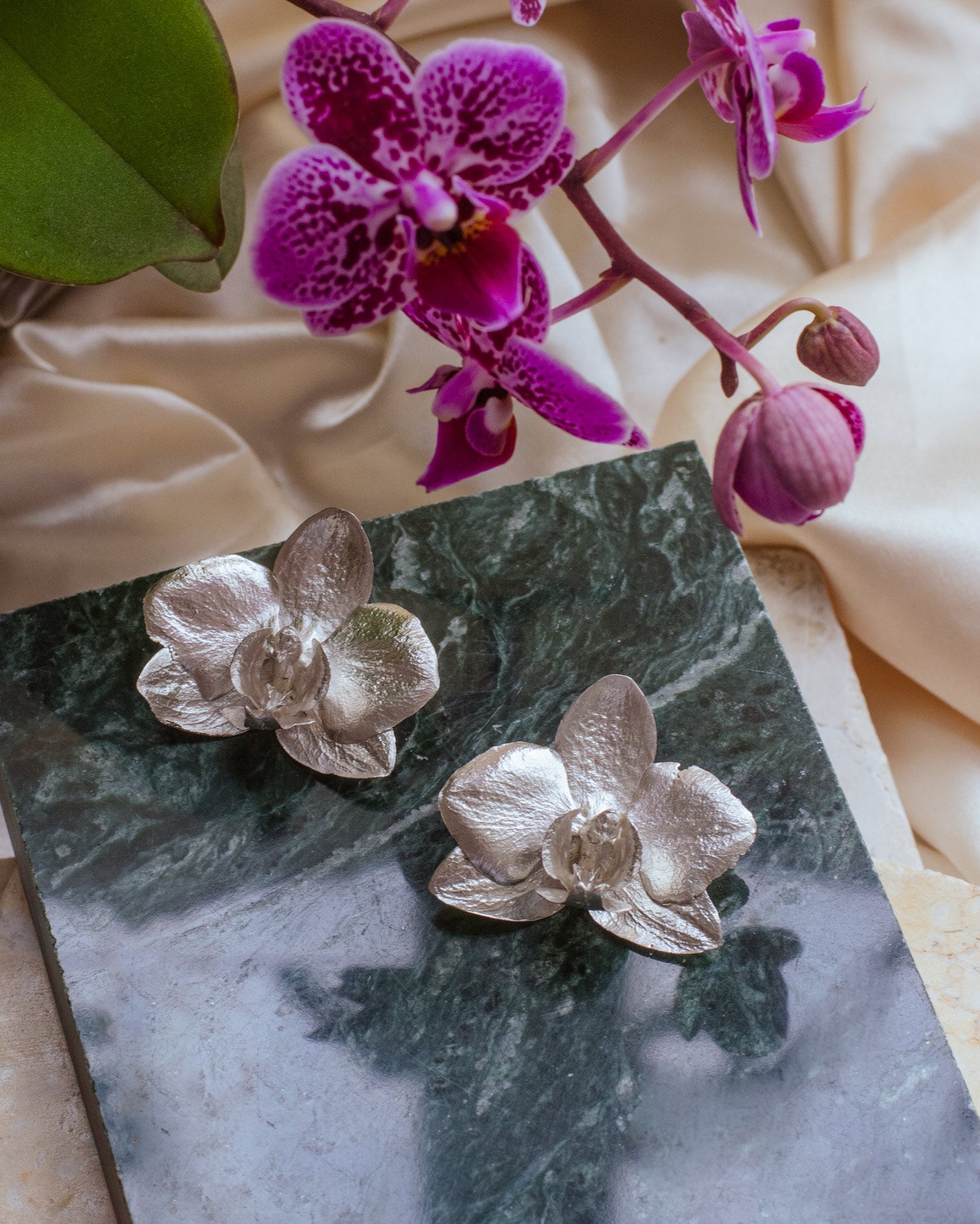 Unique Medium Phalaenopsis Orchid Earrings in 925 eco-friendly silver, showcasing the exquisite beauty of nature's art