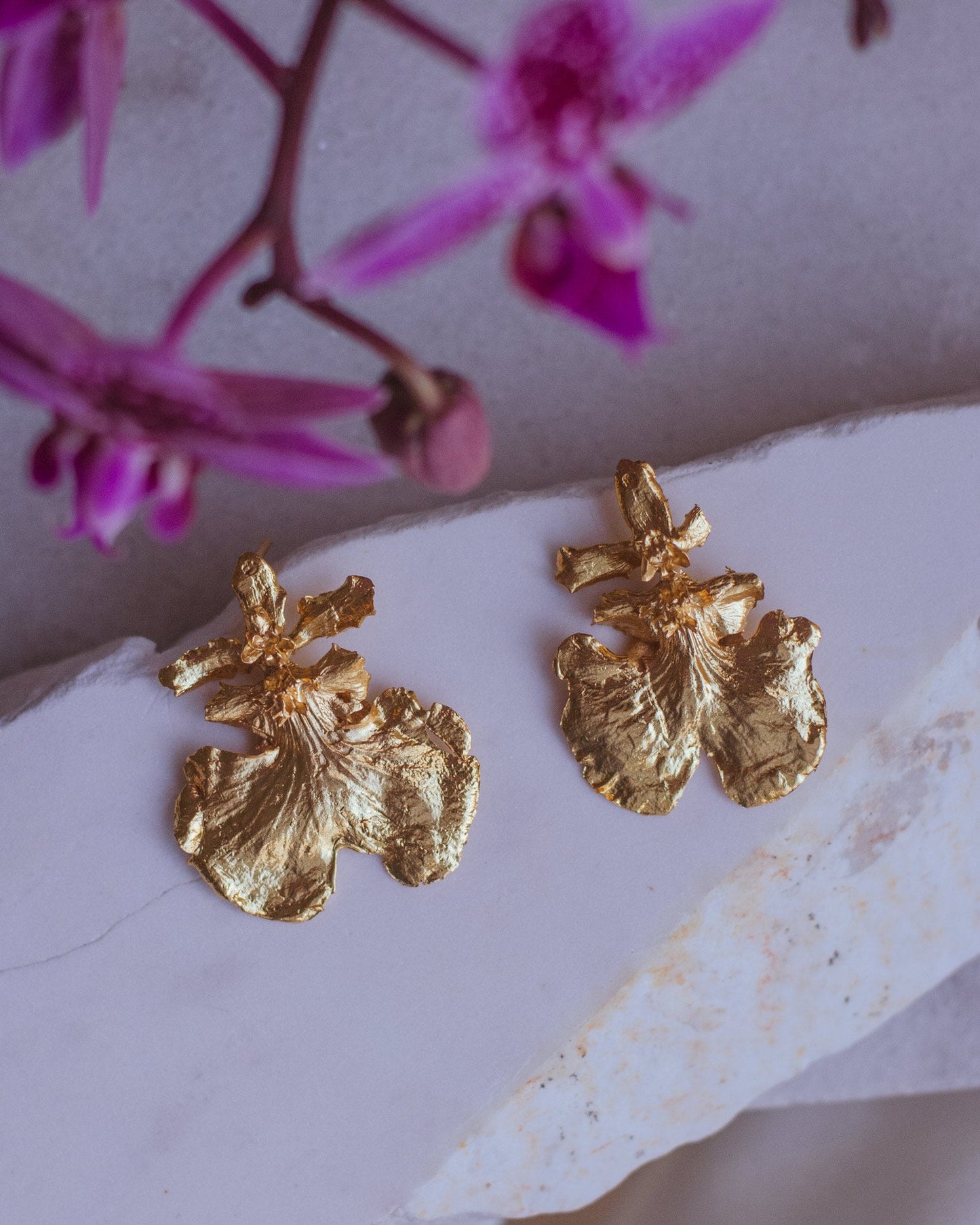 Elegant Dancing Lady Orchid Stud Earrings in 24k Gold Plating, reflecting the unique beauty of nature as art.