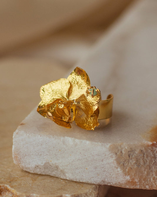 Exquisite Emerald Phalaenopsis Orchid Gold Ring, a unique piece that brings nature's essence into an elegant design