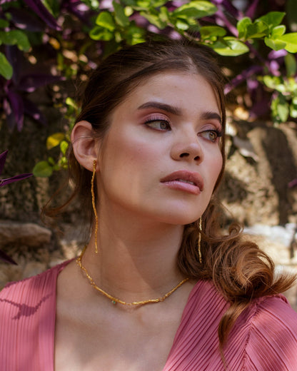 Elegant Coconut Palm Twig Emerald Choker in 24K gold plating, adorned with Colombian emerald chips, embodying the love for nature and artisanal design