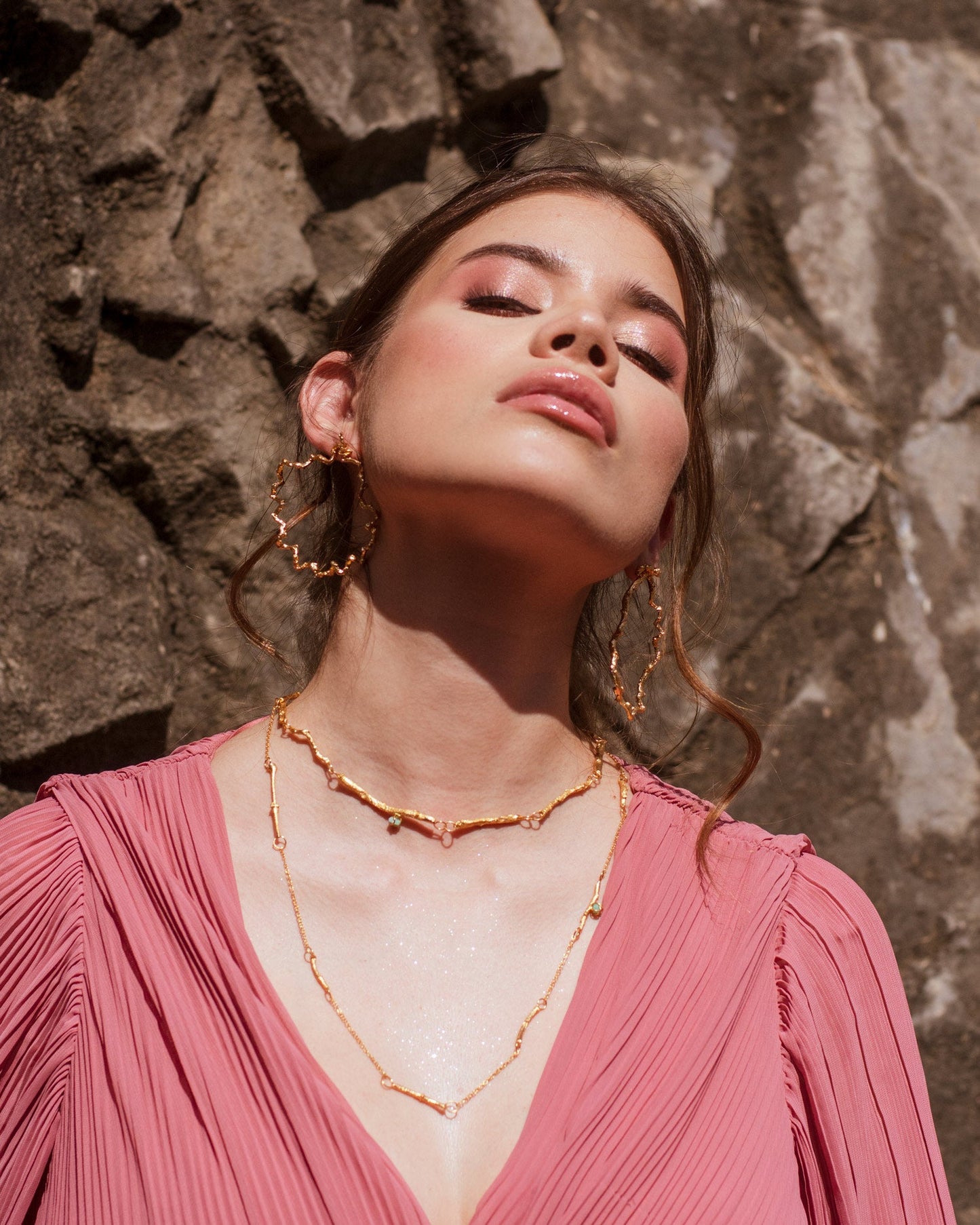 Elegant Coconut Palm Twig Emerald Choker in 24K gold plating, adorned with Colombian emerald chips, embodying the love for nature and artisanal design