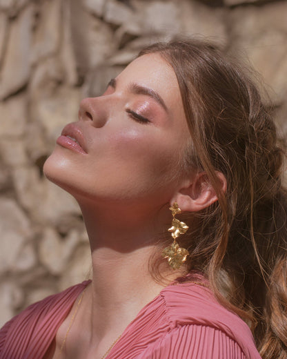 Unique Three Hydrangea Flower Earrings, made from bronze and plated with 24k gold, capturing the ethereal beauty of hydrangeas.