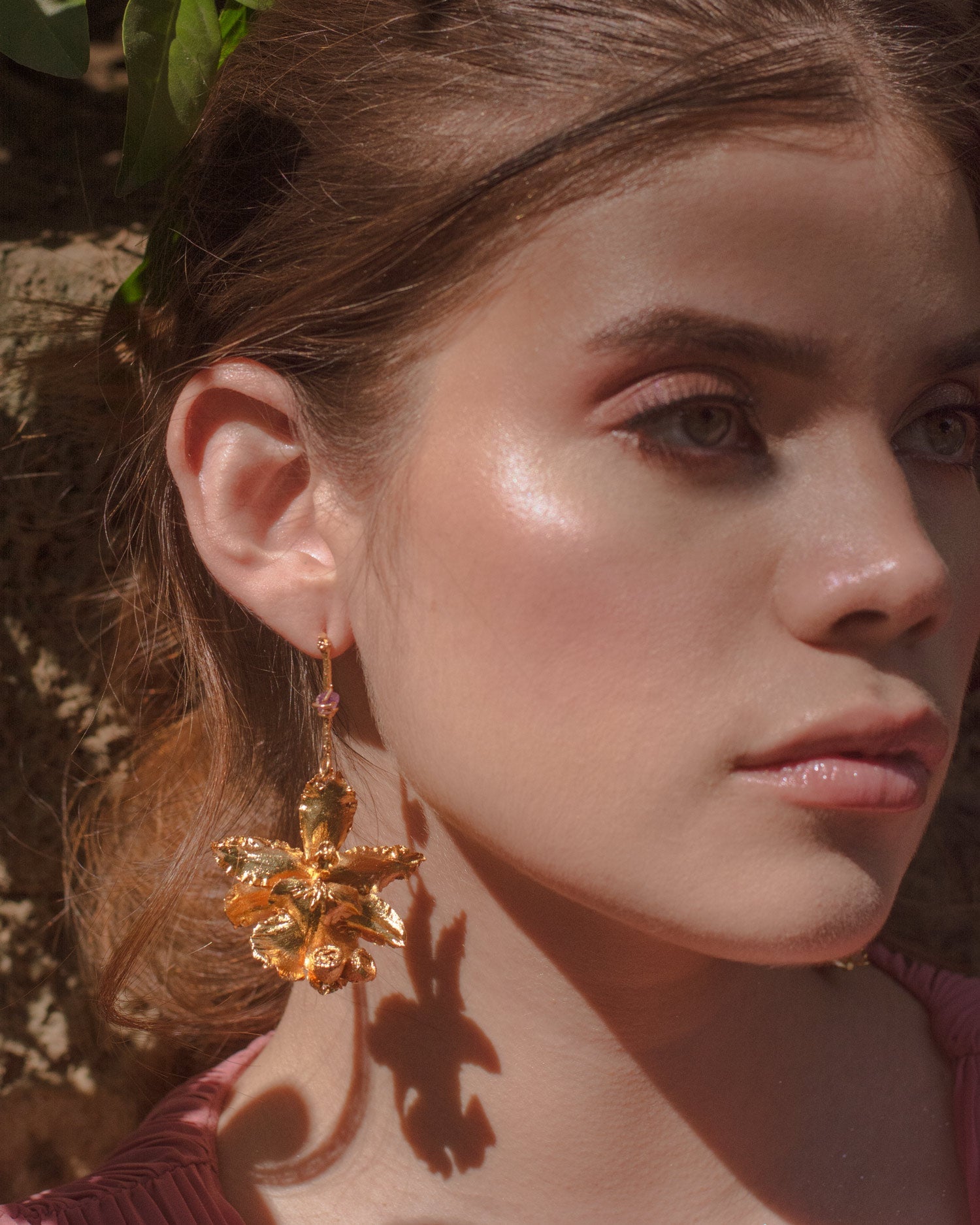 Odontoglossum Orchid Earrings with Quartz Branch in 24k Gold Plating, symbolizing balance, love, and healing