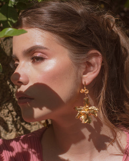 Odontoglossum Orchid Earrings with Quartz Branch in 24k Gold Plating, symbolizing balance, love, and healing