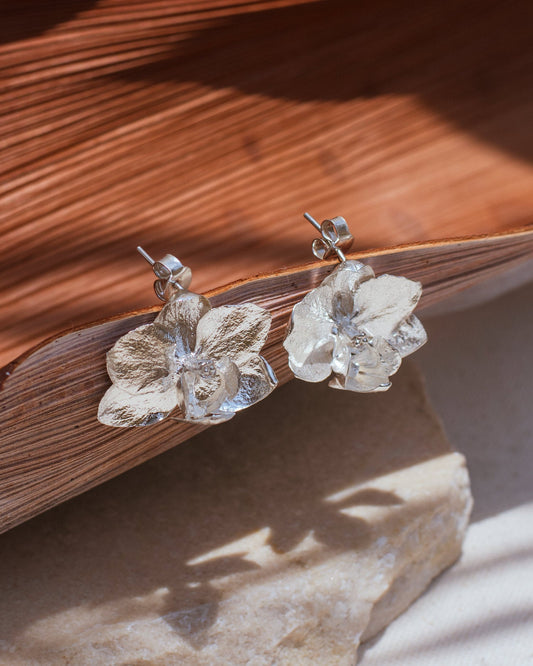 Keiki Phalaenopsis Orchid Stud Earrings in Eco-Friendly 925 Silver, showcasing the unique beauty of nature responsibly.