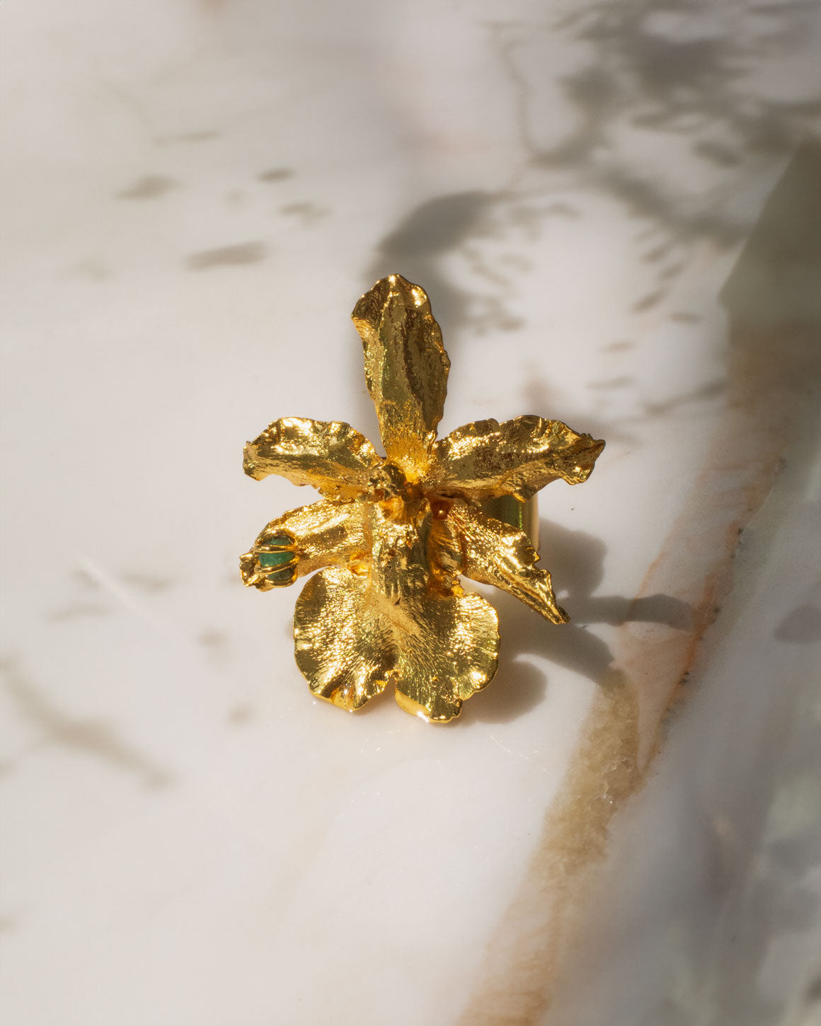 Elegant Emerald Odontoglossum Orchid Ring in 24k Gold Plating, a symbol of inner beauty and feminine strength