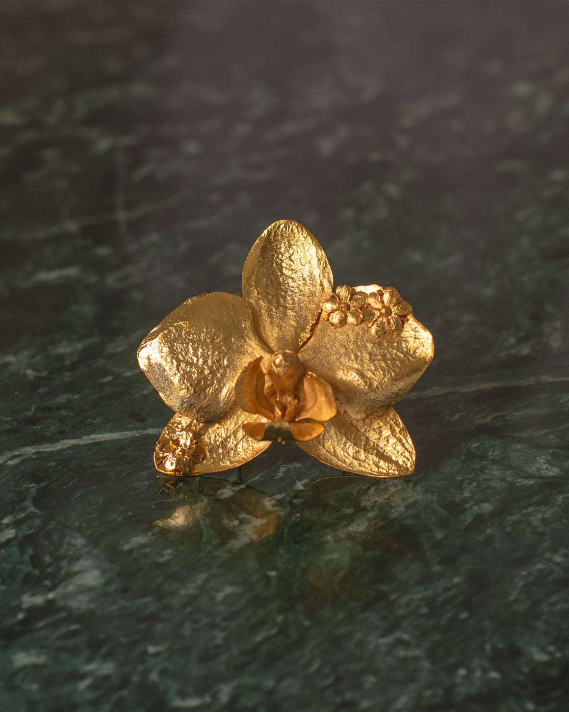 Elegant Phalaenopsis Orchid Elderberry Ring plated in 24K gold, embodying the beauty and strength of femininity.