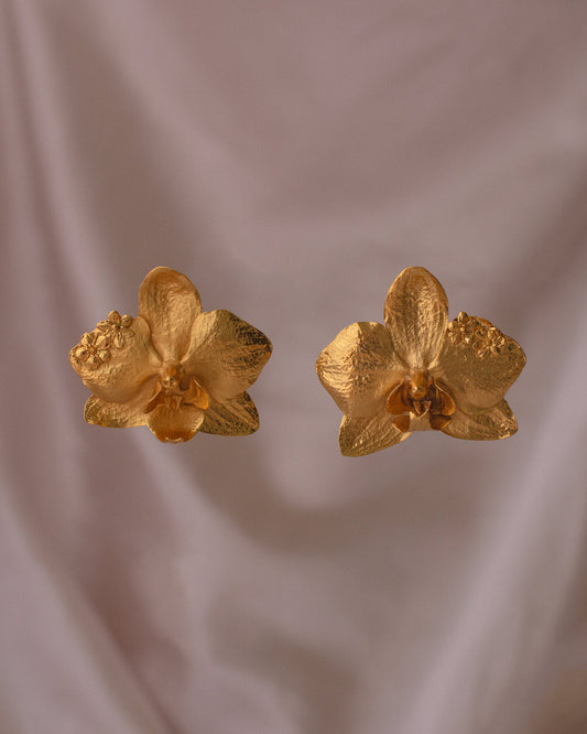 Luxurious Phalaenopsis Orchid & Elder Flower Earrings in 24K gold, capturing the essence of nature's artistry.