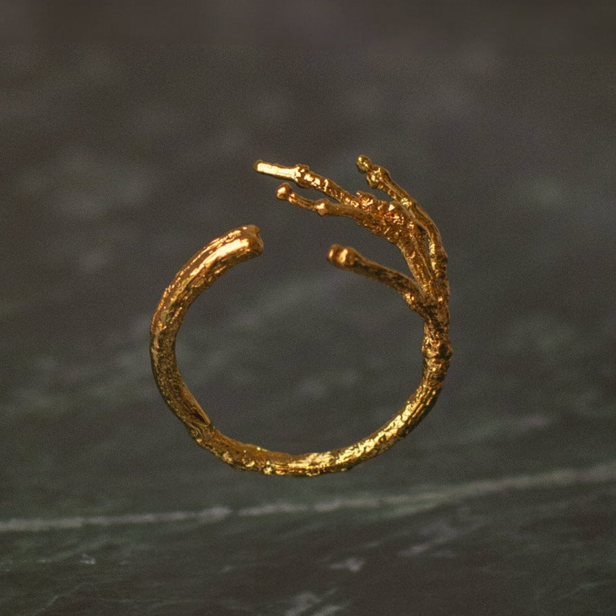 Sustainable fashion statement: Unique Branching Twig Ring in bronze with 24k gold finish