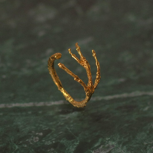 Branching Twig Ring handcrafted with organic casting technique and 24k gold plating