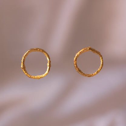 Close-up of Anthurium Twig Hoop Stud Earrings, showcasing the detailed bronze twigs with 24k gold plating