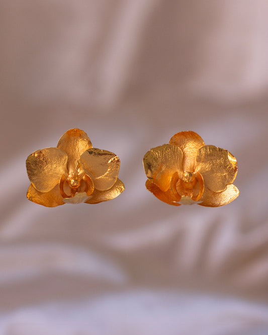 Elegant Phalaenopsis Baby Orchid Stud Earrings in 24K Gold Plating, embodying nature's timeless beauty