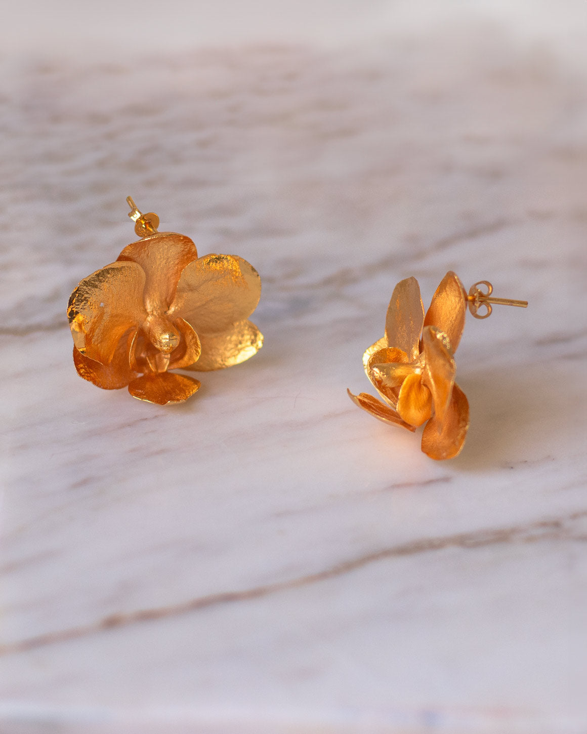 Elegant Phalaenopsis Baby Orchid Stud Earrings in 24K Gold Plating, embodying nature's timeless beauty