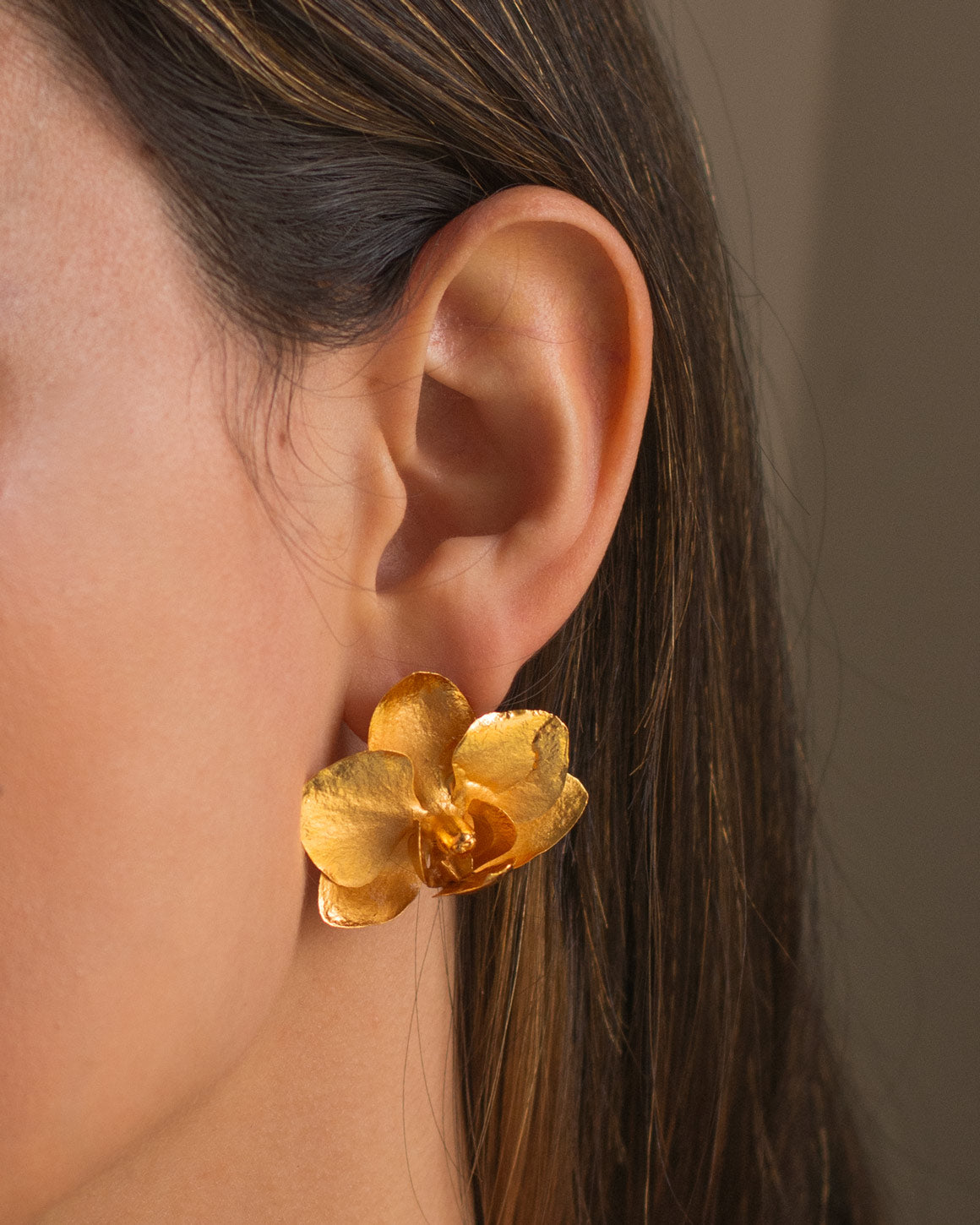 Elegant Phalaenopsis Baby Orchid Stud Earrings in 24K Gold Plating, embodying nature's timeless beauty