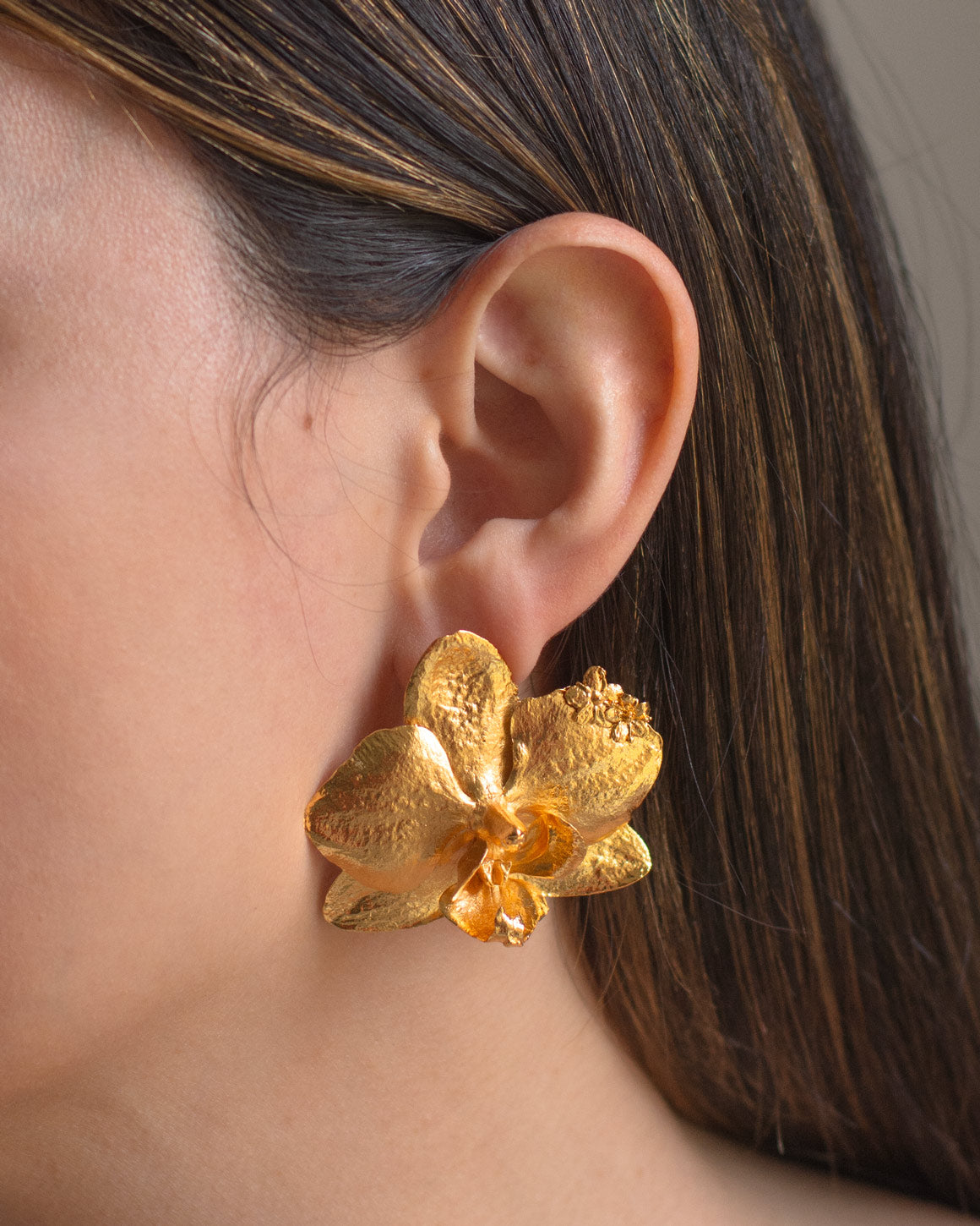 Luxurious Phalaenopsis Orchid & Elder Flower Earrings in 24K gold, capturing the essence of nature's artistry.