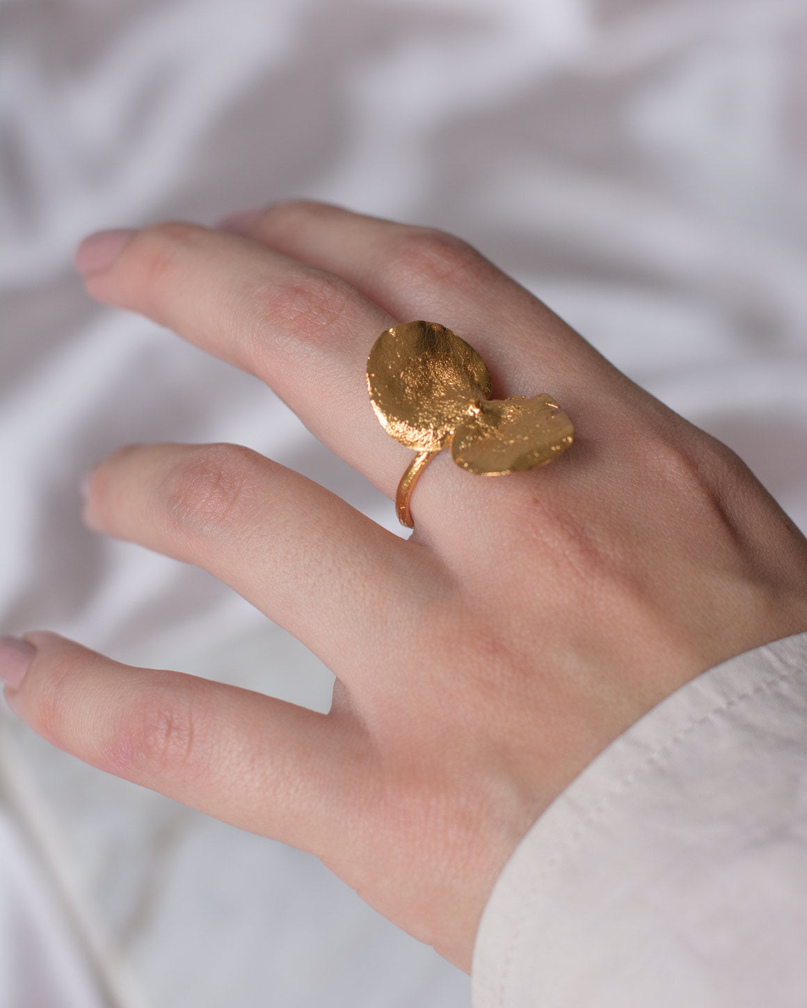 Unique Immortalized Eucalyptus Leaf Ring in 24K gold plating, reflecting the freshness and serenity of nature in a piece of sustainable jewelry