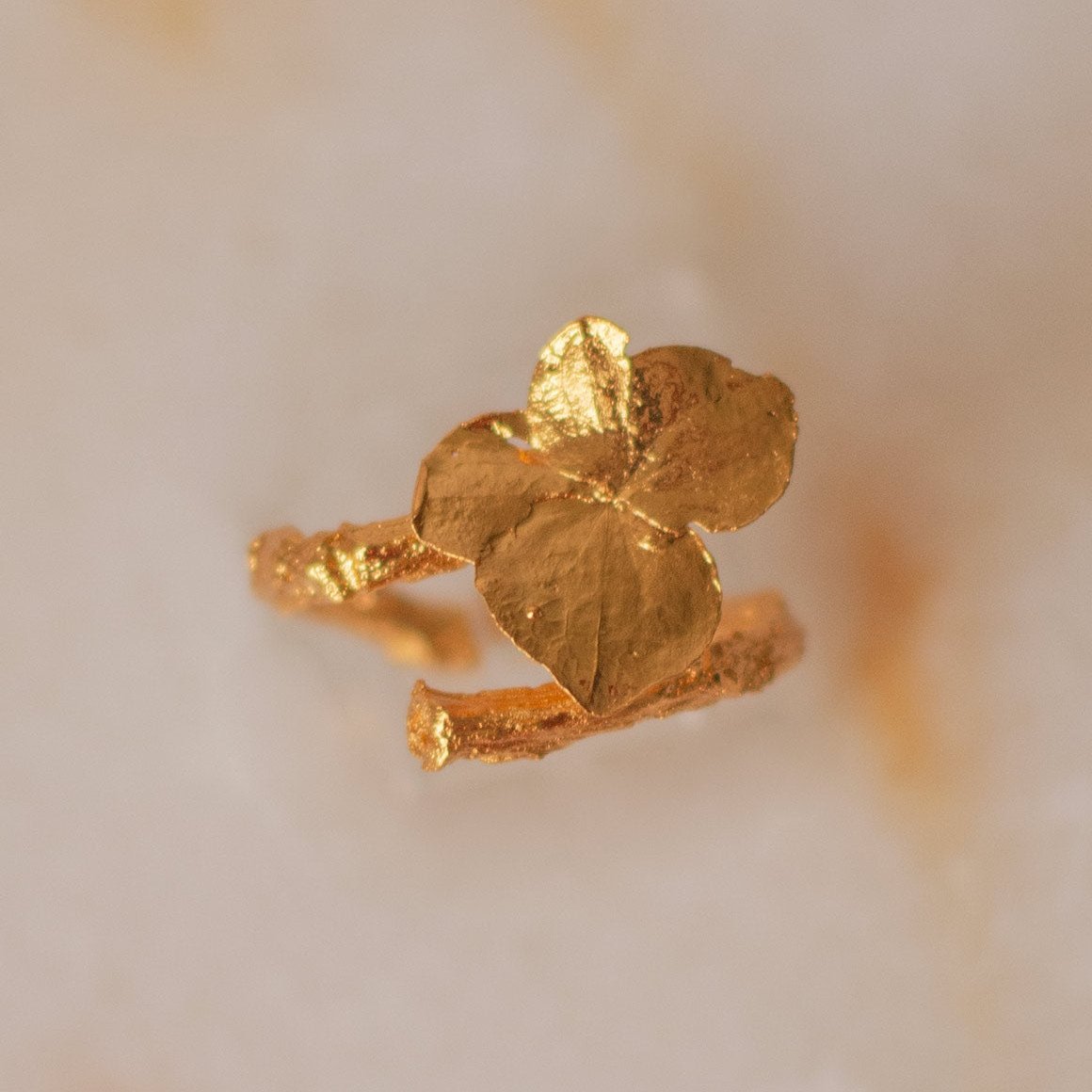 Elegant Mini Natural Hydrangea Ring plated in 24K gold, capturing the essence of nature's subtlety and charm