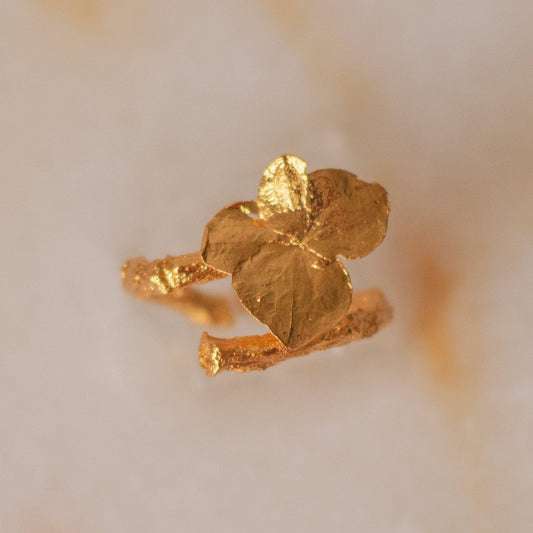 Elegant Mini Natural Hydrangea Ring plated in 24K gold, capturing the essence of nature's subtlety and charm