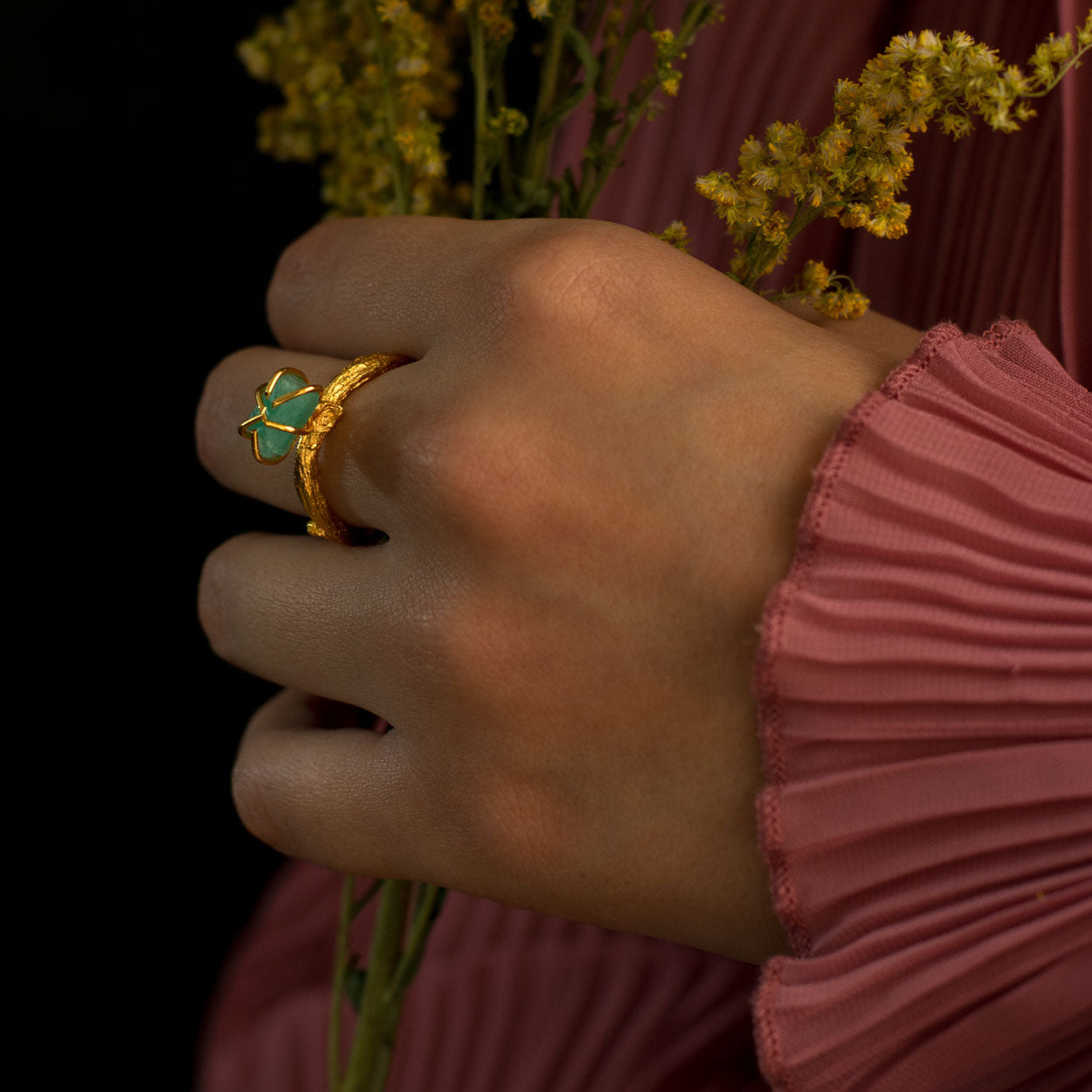 Elegant Twig Ring with Colombian Raw Emerald in 24K gold plating, a unique artisanal piece that captures the spirit of nature and the luxury of precious stones