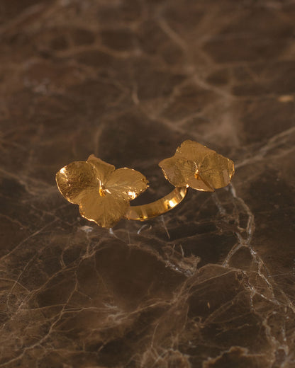 Elegant Dual Hydrangea Ring in 24K gold plating, capturing the unique beauty and dedication to nature in a luxurious design