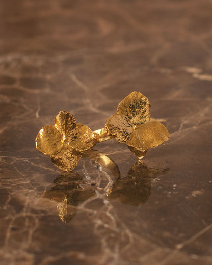 Elegant Dual Hydrangea Ring in 24K gold plating, capturing the unique beauty and dedication to nature in a luxurious design