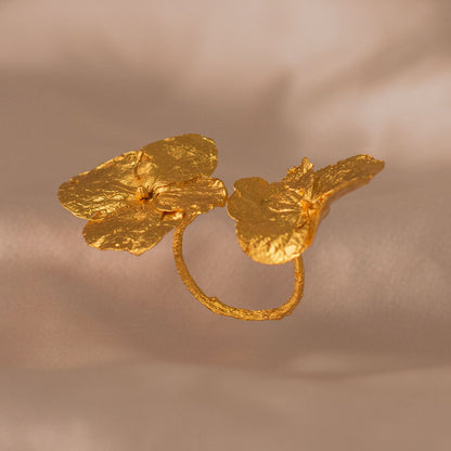 Elegant Dual Hydrangea Ring in 24K gold plating, capturing the unique beauty and dedication to nature in a luxurious design