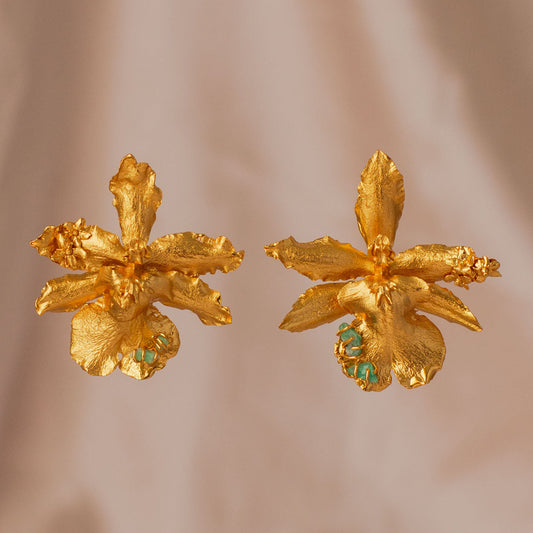 Exquisite Odontoglossum Orchid Emerald Elderberry Earrings in 24k Gold Plating, a reflection of nature's eternal beauty and harmony