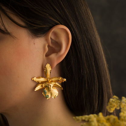 Exquisite Odontoglossum Orchid Emerald Elderberry Earrings in 24k Gold Plating, a reflection of nature's eternal beauty and harmony